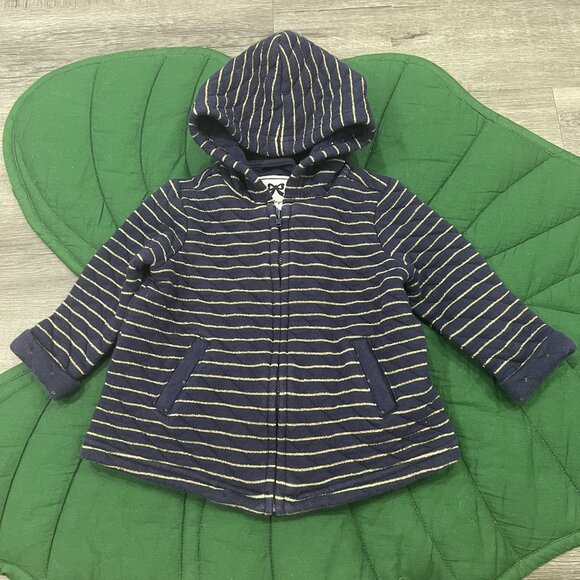 Gymboree 12-18M Navy Blue Gold Stripe Quilted Full Zip Hooded Jacket - Picture 1 of 5